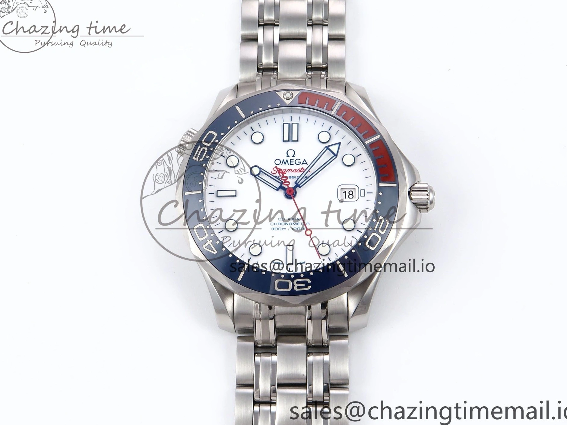 0409 HighQuality Seamaster Diver 300M OMF 1:1 Best Edition Blue Red Ceramic White Dial on SS Bracelet A 7705